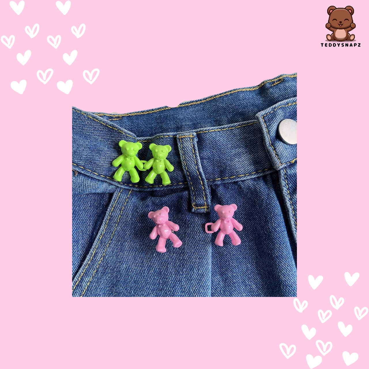 FLUORESCENT GREEN & BUBBLEGUM PINK Color TeddySnapz™ - Jeans Snap Button Pins 