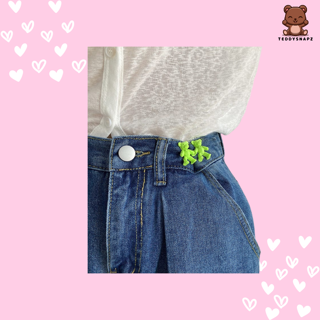 Girl Wearing FLUORESCENT GREEN Color TeddySnapz™ - Jeans Snap Button Pins on the waistband of her jeans